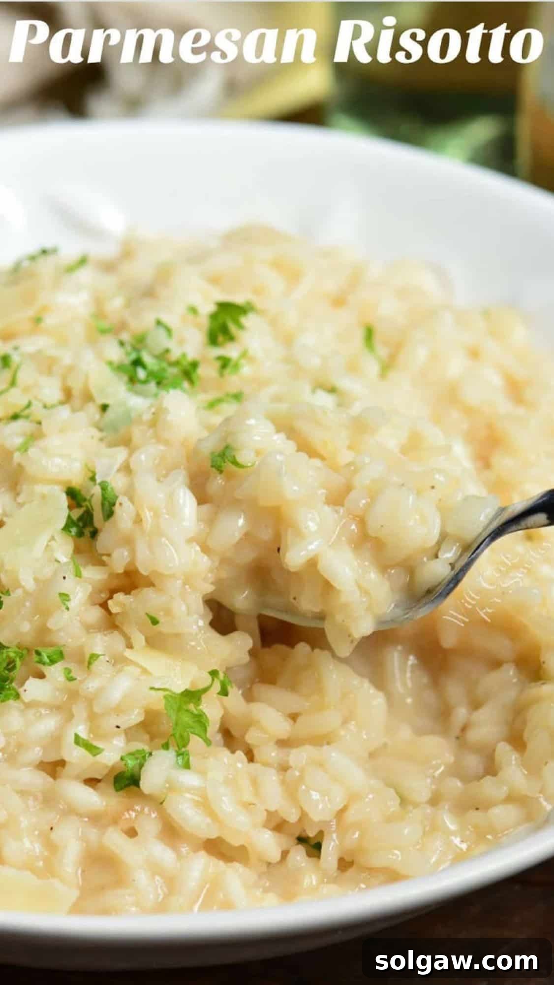 Creamy Grana Rice 2 A bowl of creamy Parmesan Risotto, with a fork scooping a generous portion.