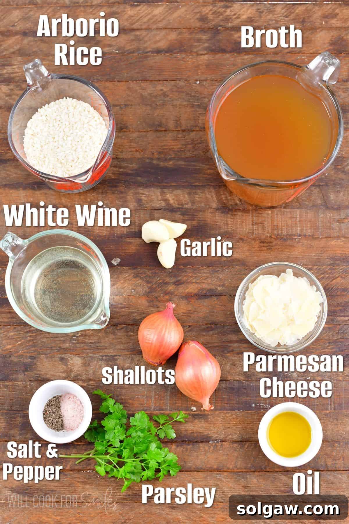 Creamy Grana Rice 3 Labeled ingredients to make parmesan risotto on a wood surface.