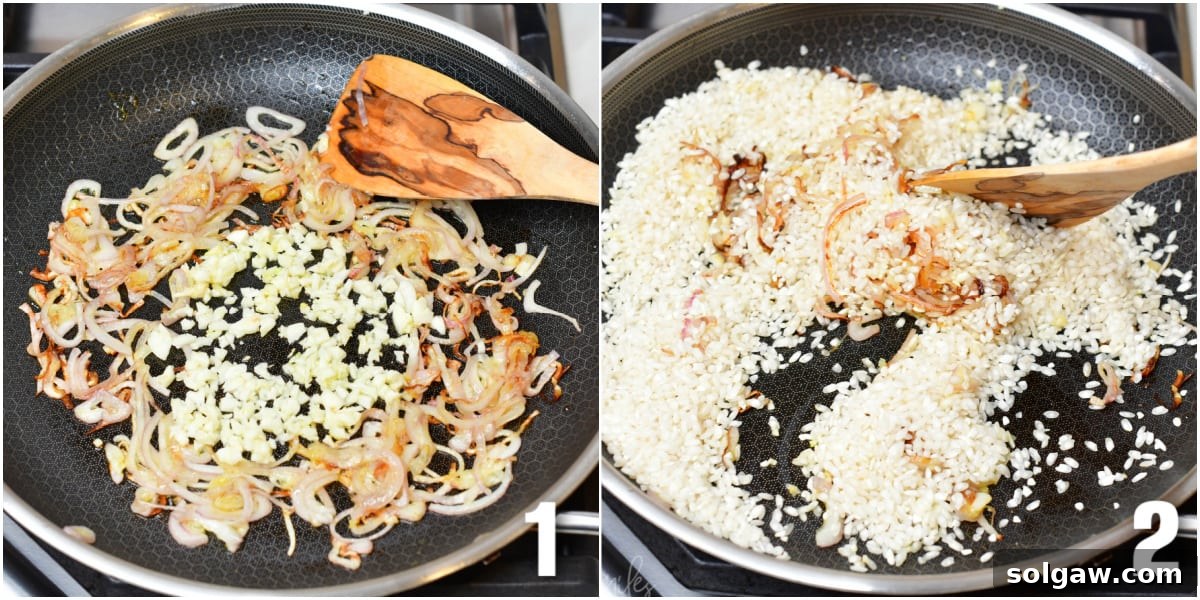 Creamy Grana Rice 4 Collage of two photos: one showing garlic and onions sautéing in a pan, and another showing the addition of rice to the aromatic base in the pan.
