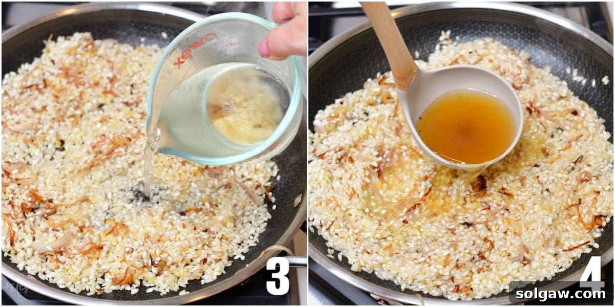 Creamy Grana Rice 5 Collage of two images: one of white wine being poured into the pan from a measuring cup, and the other of warm stock being ladled into the pan.