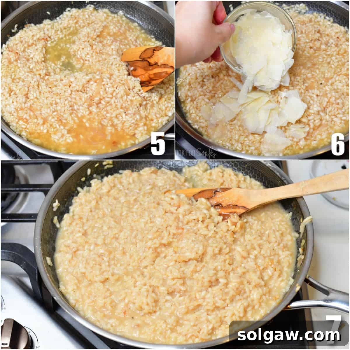 Creamy Grana Rice 6 Collage of three images: first showing risotto being stirred in a pan, second showing Parmesan cheese being poured into the pan, and the third showing the cheese melting into the stirred risotto.