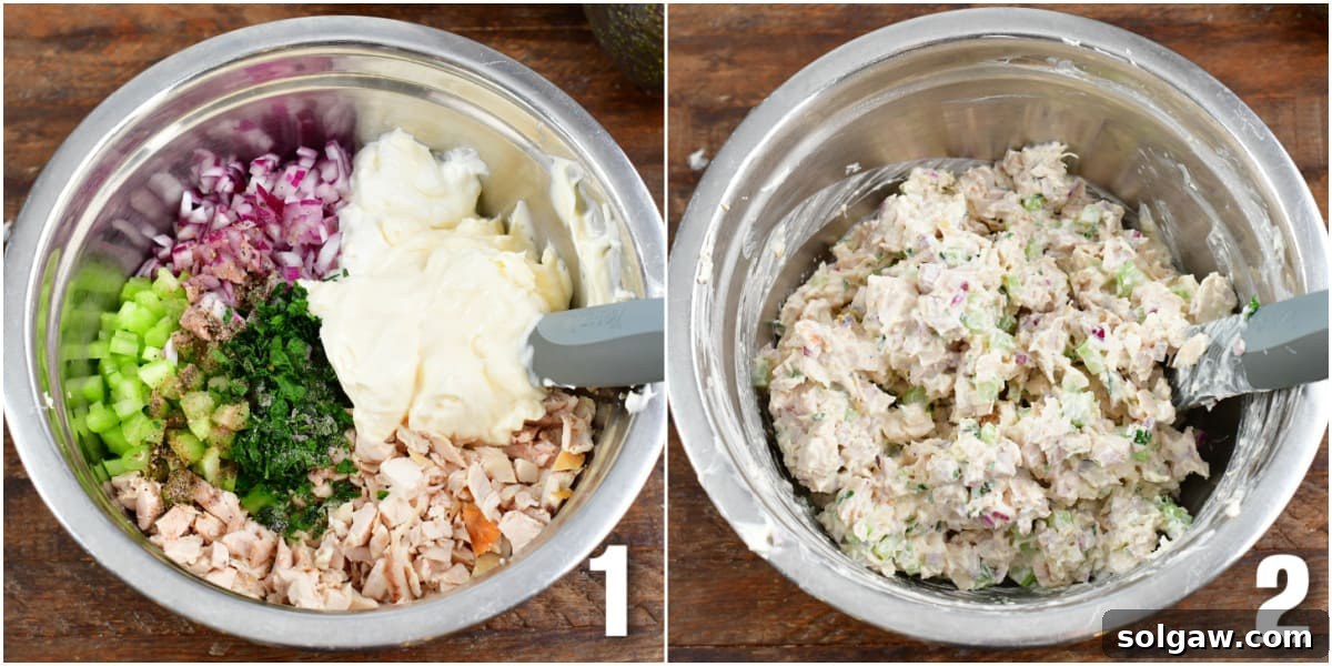collage of two images of ingredients for chicken salad in a bowl and then mixed chicken salad.