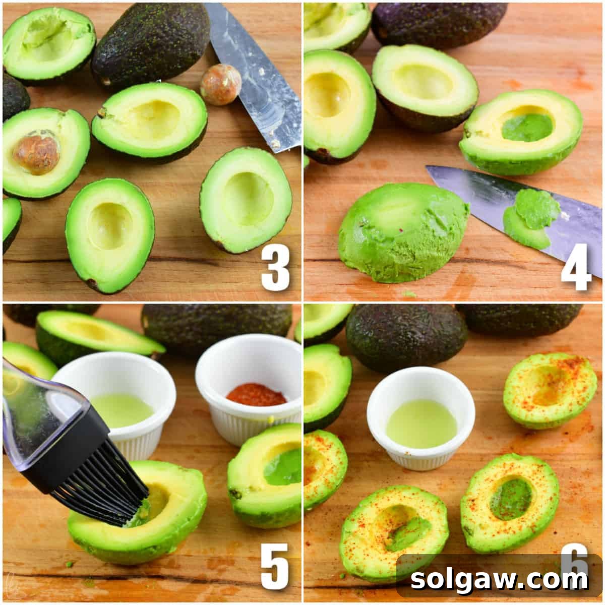 collage of four images of preparing avocadoes for stuffed avocado.