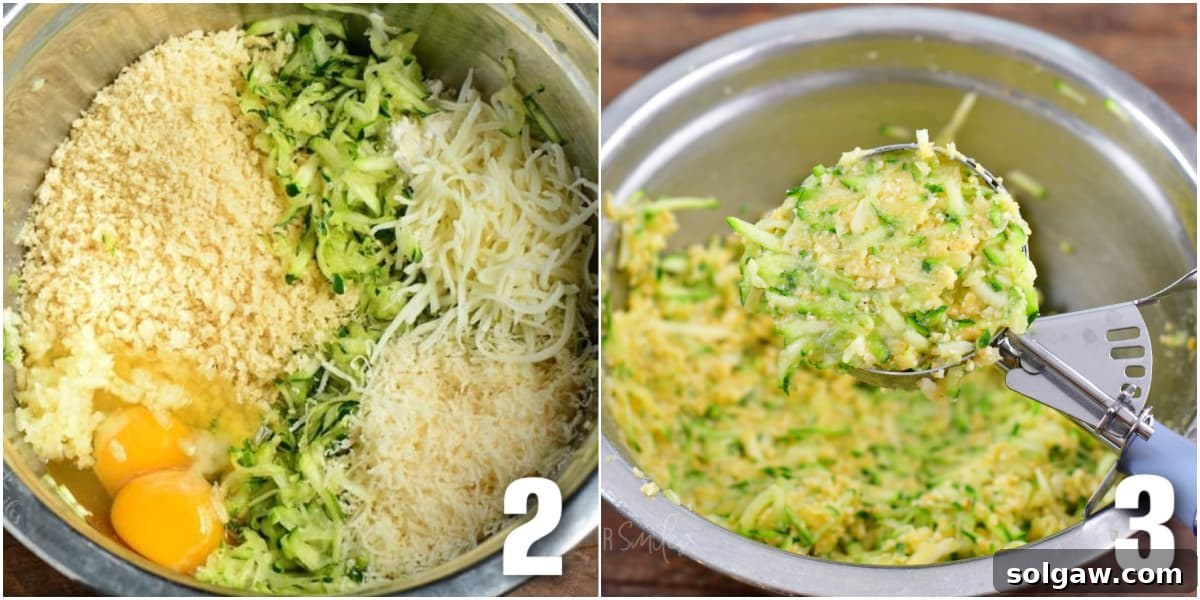 Crispy Zucchini Fritters 5 collage of two images of making zucchini fritter mixture and scooping it.