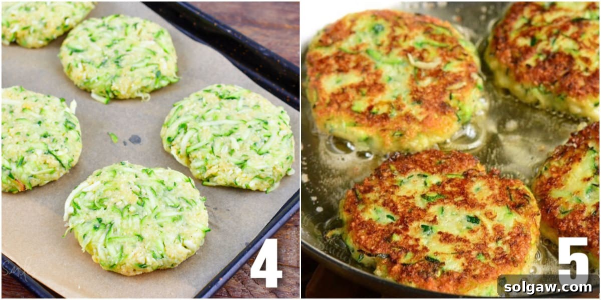 Crispy Zucchini Fritters 6 collage of two images of shaped zucchini patties and frying them in the pan.