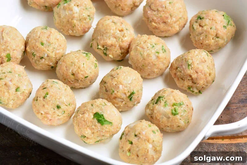 Arrangement of uncooked Italian chicken meatballs in a baking dish, ready for the oven.