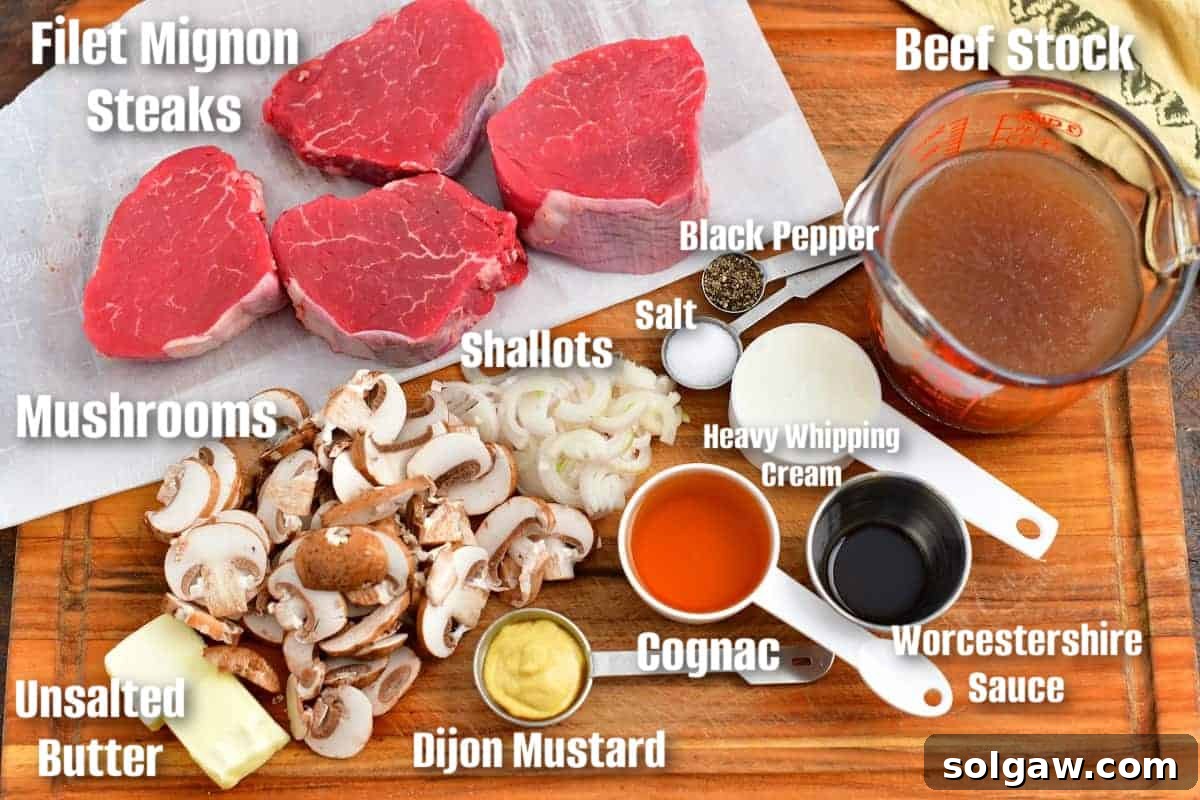 labeled ingredients for making steak Diane on a cutting board.