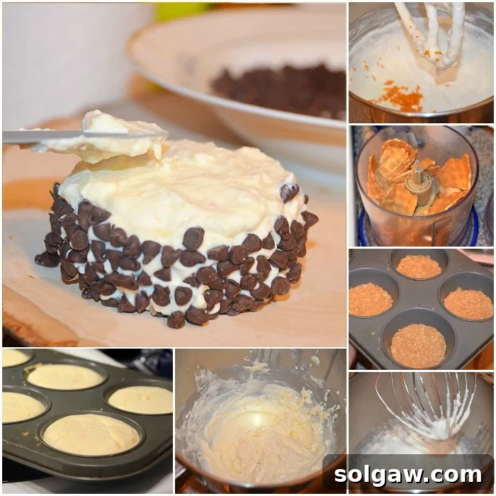 A collage of three images: top left shows a mini cheesecake with a fork, top right shows the creamy cannoli topping, and bottom shows the finished mini cheesecakes rolled in chocolate chips.