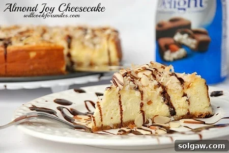 A delectable slice of Almond Joy Cheesecake, rich with chocolate and coconut flavors, served on a white plate.