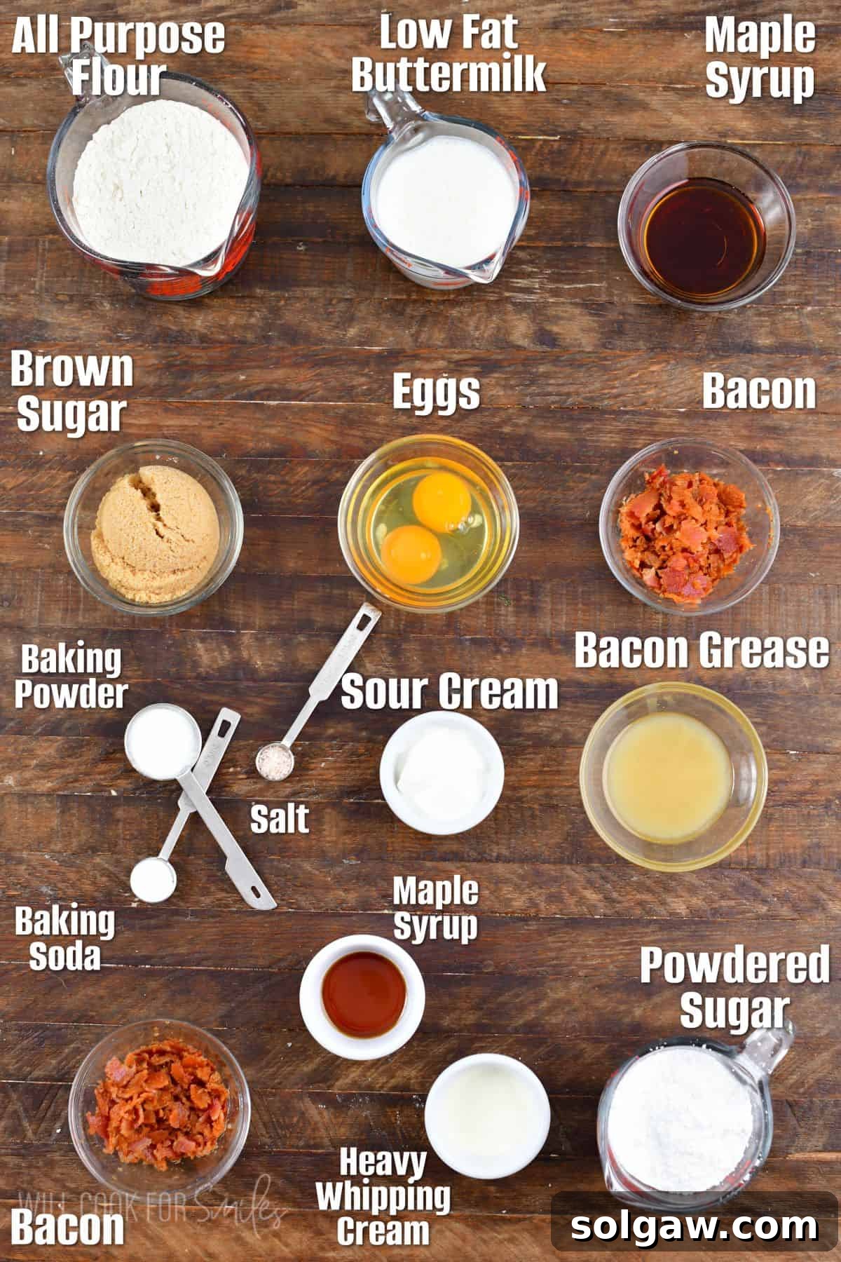 Labeled ingredients for maple bacon donuts on a wood surface, showcasing fresh components.