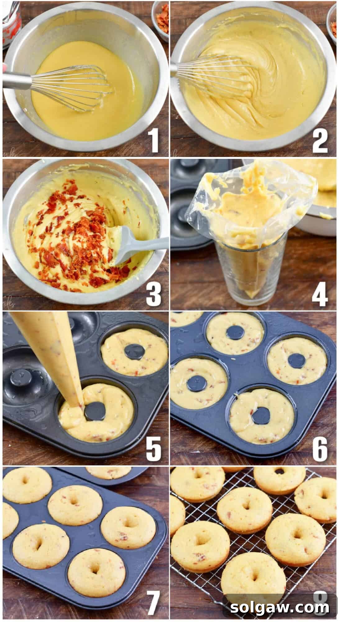Collage of eight images showing cooking and baking steps to make maple bacon baked donuts, from ingredients to finished product.