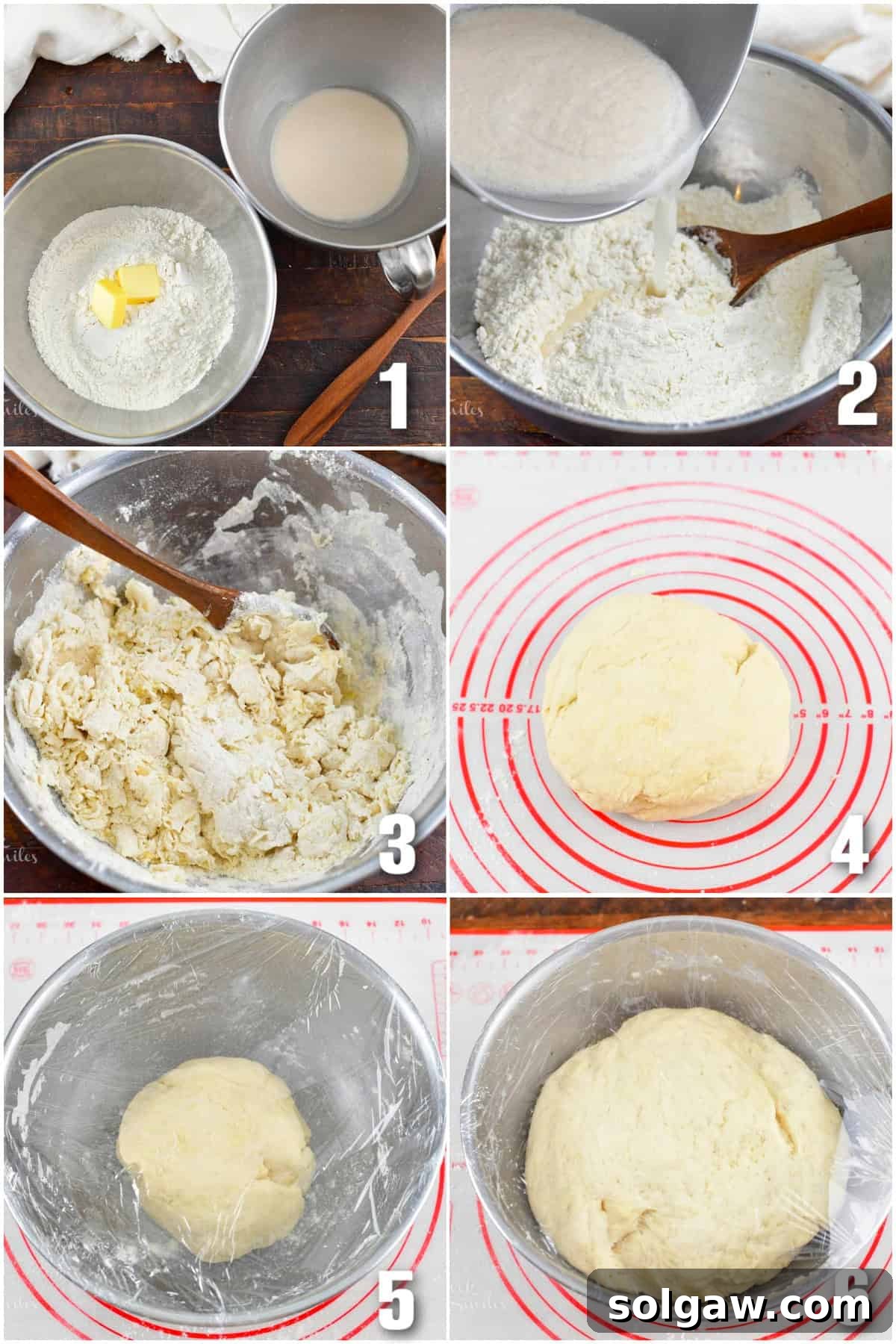 A six-image collage illustrating the step-by-step process of making and rising yeast dough for soft pretzels.