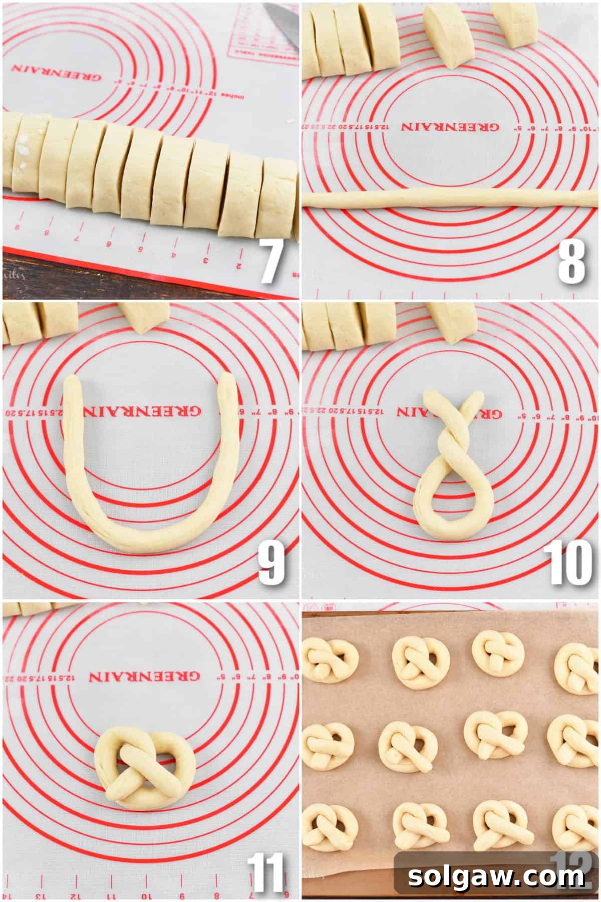 A six-image collage demonstrating the step-by-step process of twisting pretzel dough into the classic pretzel shape.