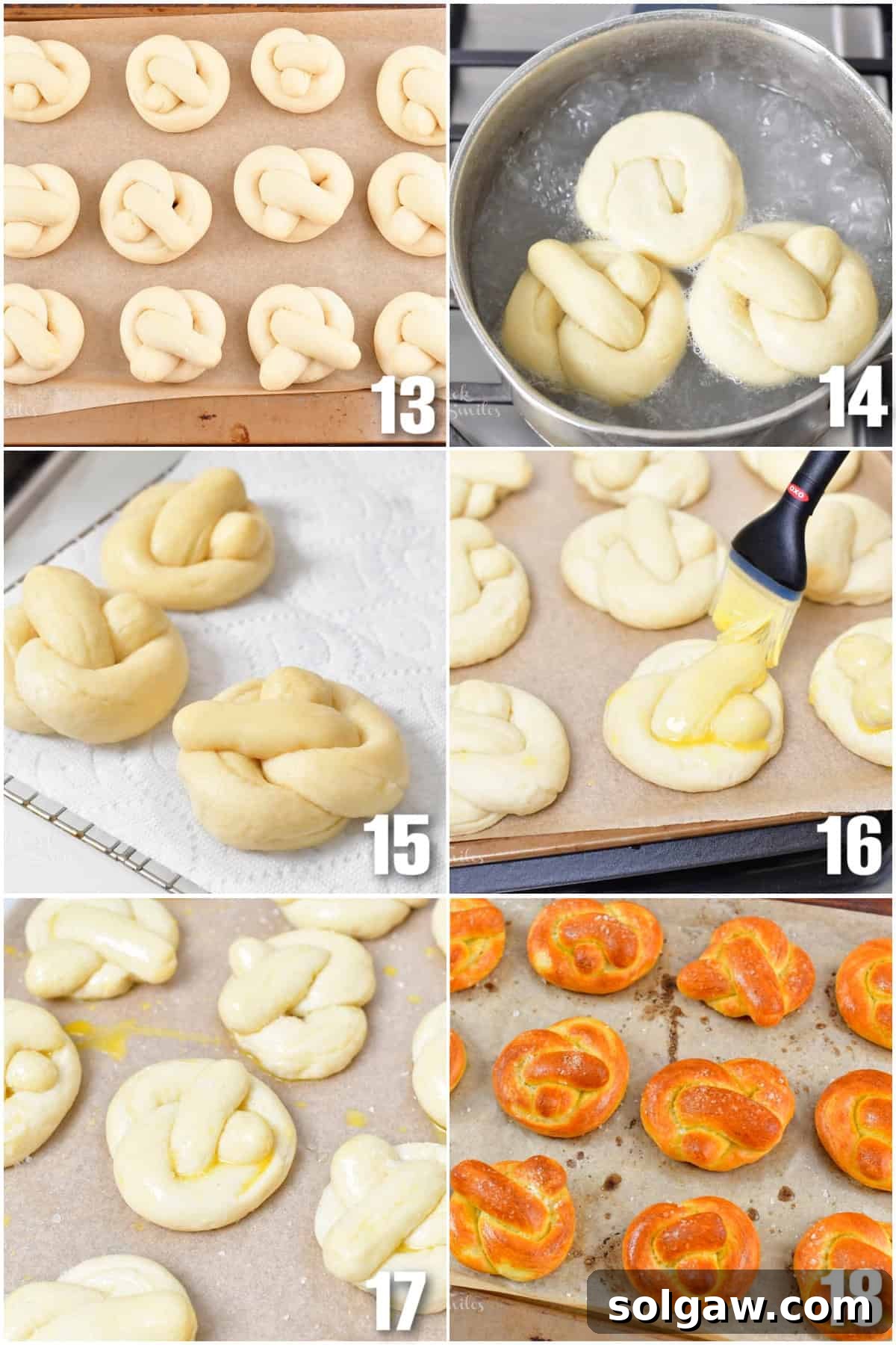 A six-image collage showing the process of boiling, buttering, and baking soft pretzels to golden perfection.