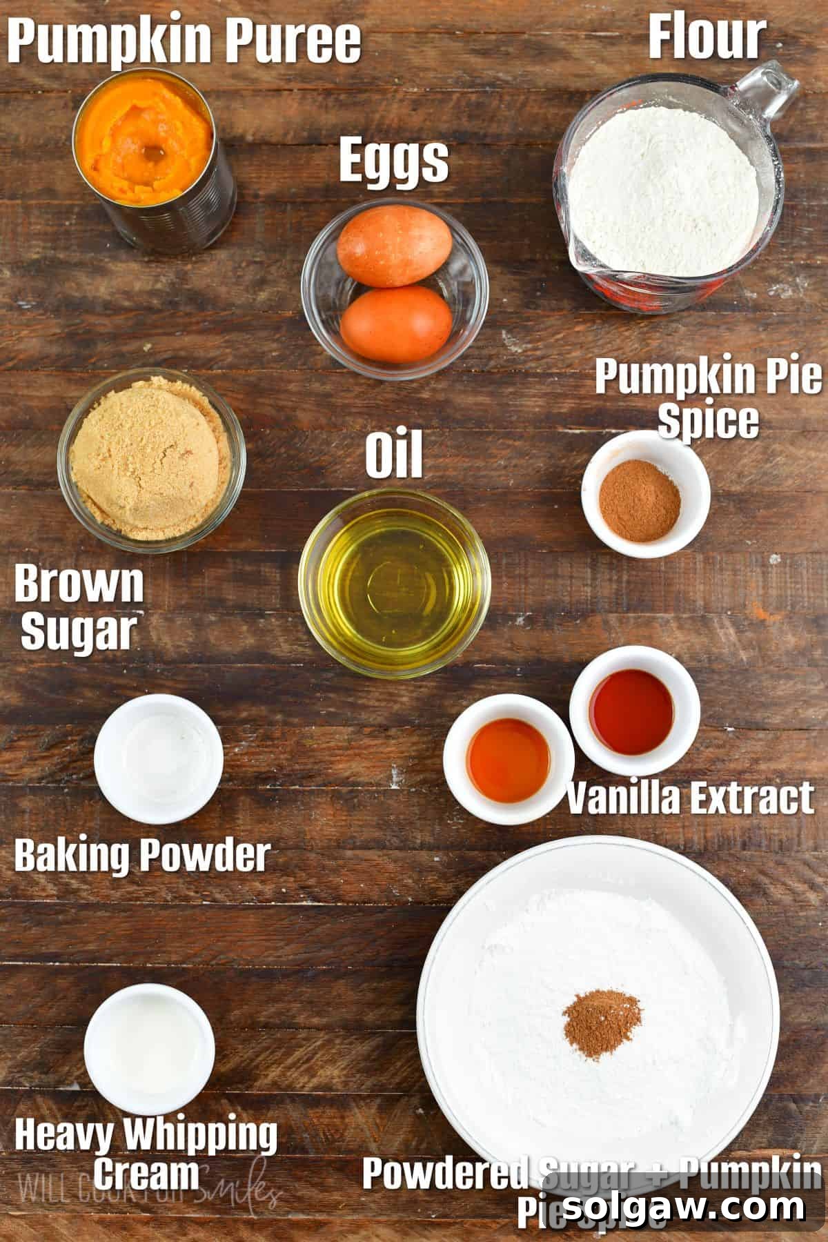 Carefully arranged and labeled ingredients for pumpkin donuts on a rustic wooden surface, highlighting freshness and quality.