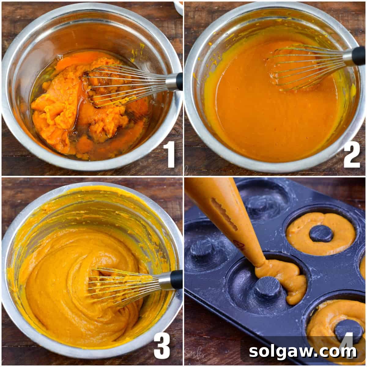 A collage demonstrating the steps of mixing ingredients and piping pumpkin donut batter into a baking pan, showing the ease of preparation.