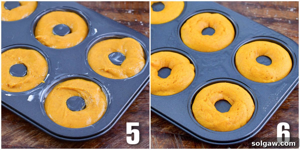 A two-part image showing pumpkin donut batter in a pan before baking and the beautifully golden-brown baked donuts afterwards, ready for glazing.