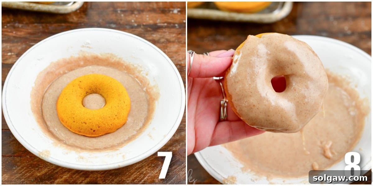 A collage featuring two close-up images: one of a hand dipping a baked pumpkin donut into a bowl of sweet pumpkin spice glaze, and another showing the finished, glazed donut.