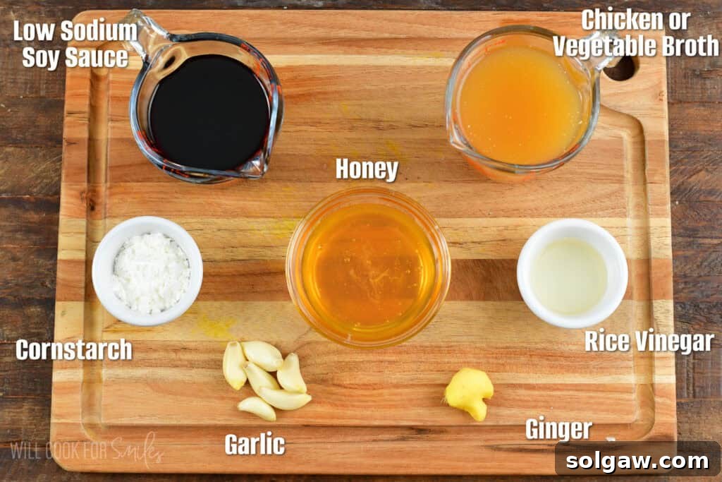 An easy-to-understand infographic showcasing the essential ingredients for homemade teriyaki sauce, clearly labeled on a rustic wooden board.