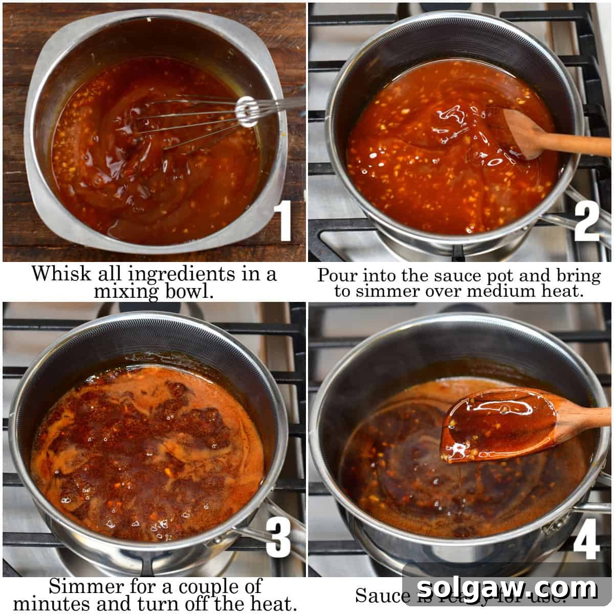 A four-image infographic visually detailing the sequential steps to prepare teriyaki sauce in a pot, from whisking to simmering.