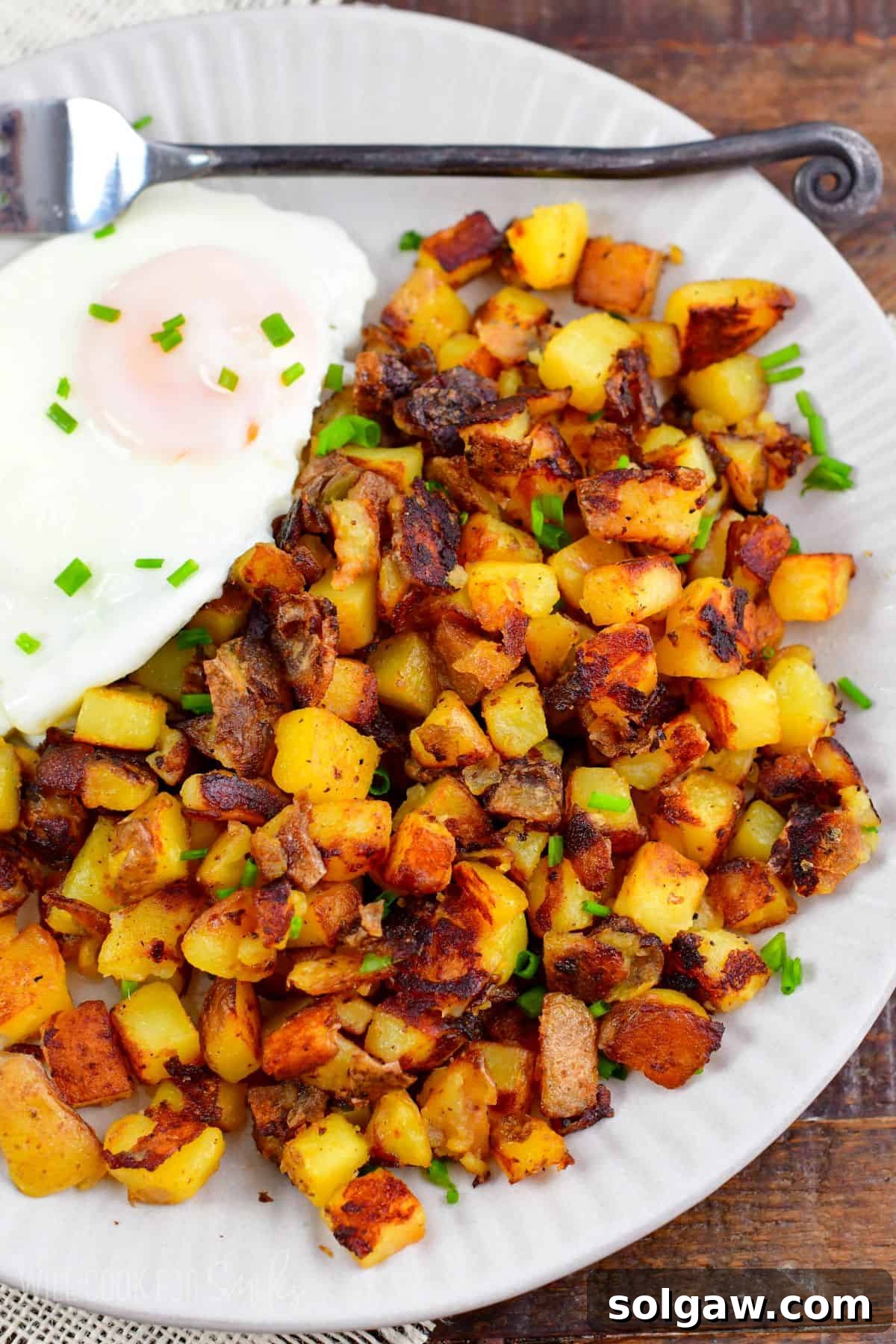 A generous serving of golden, crispy home fries, garnished with fresh chives, alongside a perfectly cooked fried egg—a quintessential breakfast plate.