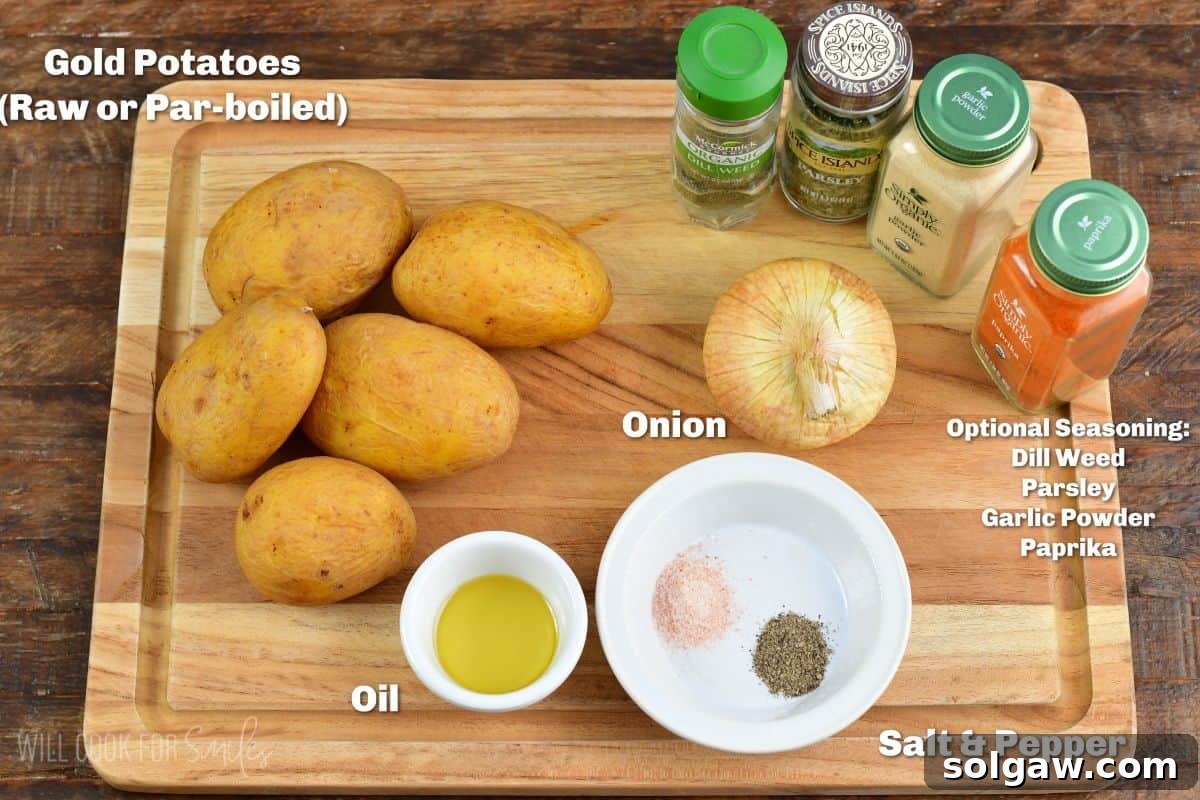 Neatly arranged ingredients for home fries on a cutting board, including cubed potatoes, sliced onions, and a variety of seasonings like paprika, garlic powder, and dill weed.