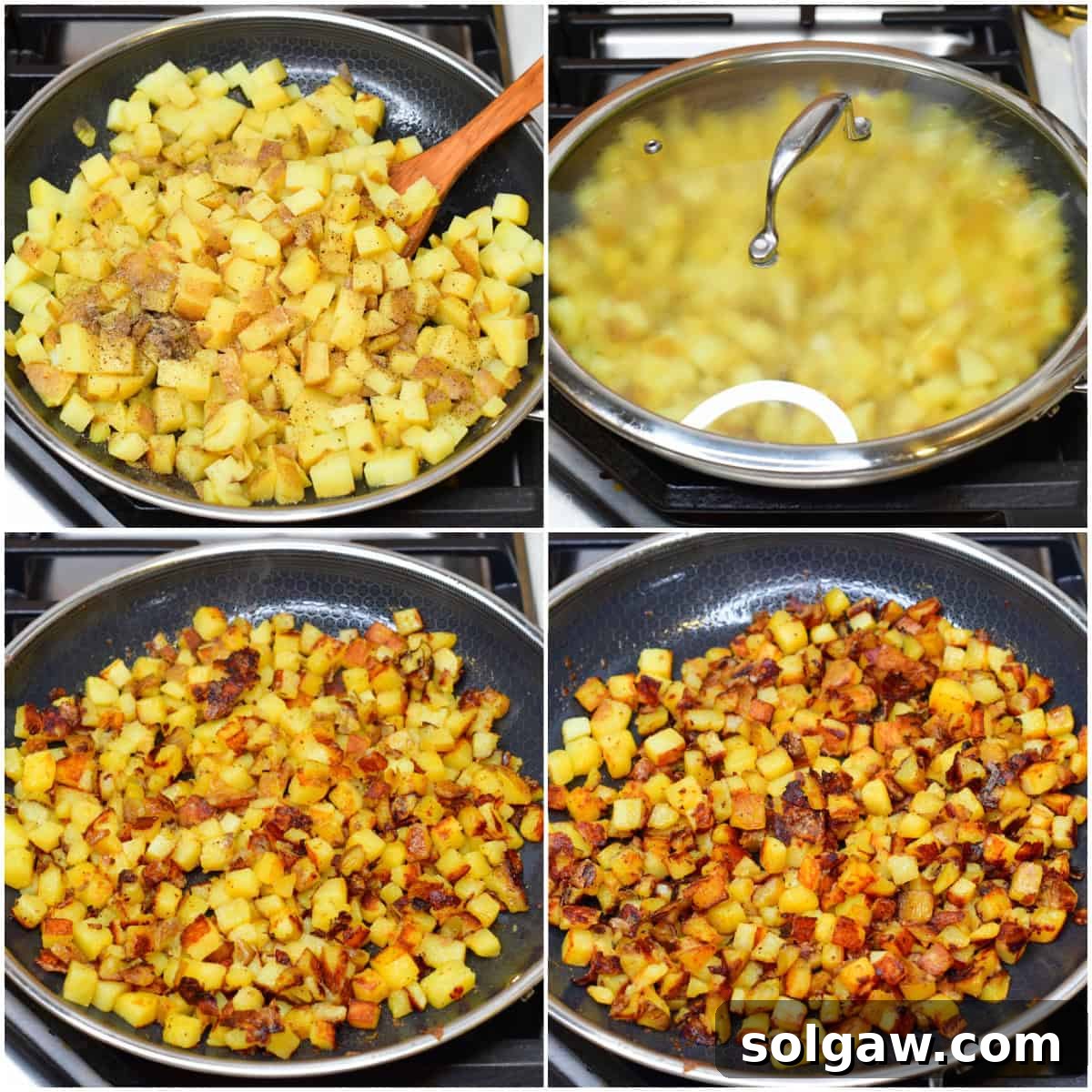A visual progression of home fries cooking in a pan, from lightly cooked to beautifully golden brown and crispy, illustrating the transformation.