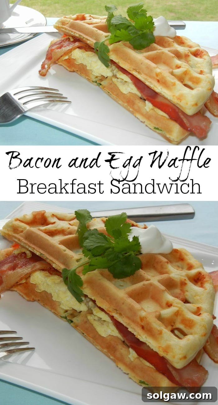 A delicious Bacon and Egg Waffle Breakfast Sandwich on a white plate with a fork, showing a collage of the sandwich ingredients and finished product.