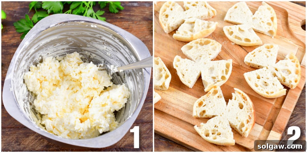 collage of two images mixing the cream cheese spread together and cut bread on a cutting board.