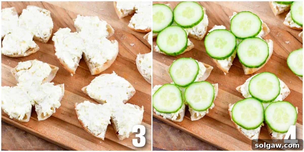 collage of two images spreading the cream cheese, adding the cucumbers to the bread.
