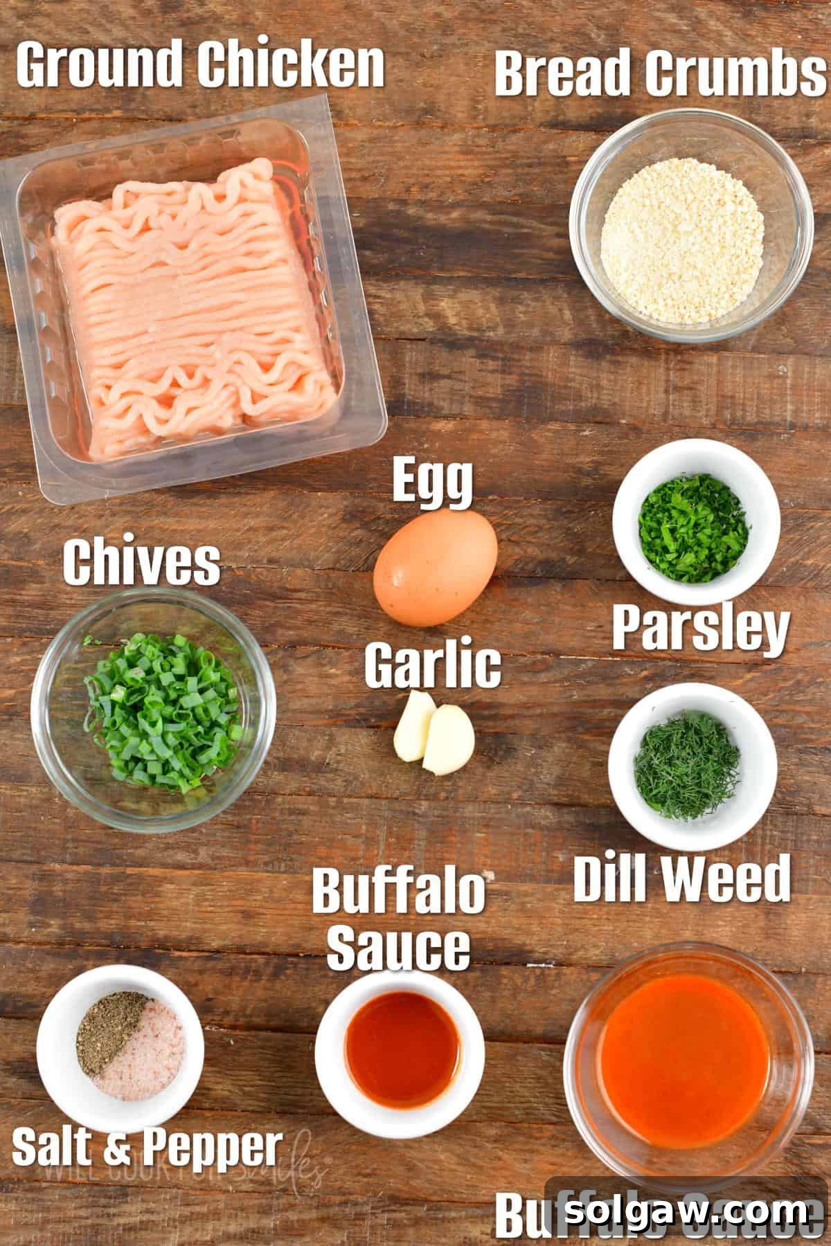 Zesty Buffalo Chicken Burger 3 The fresh ingredients laid out on a wooden surface, ready for preparing buffalo chicken burgers.