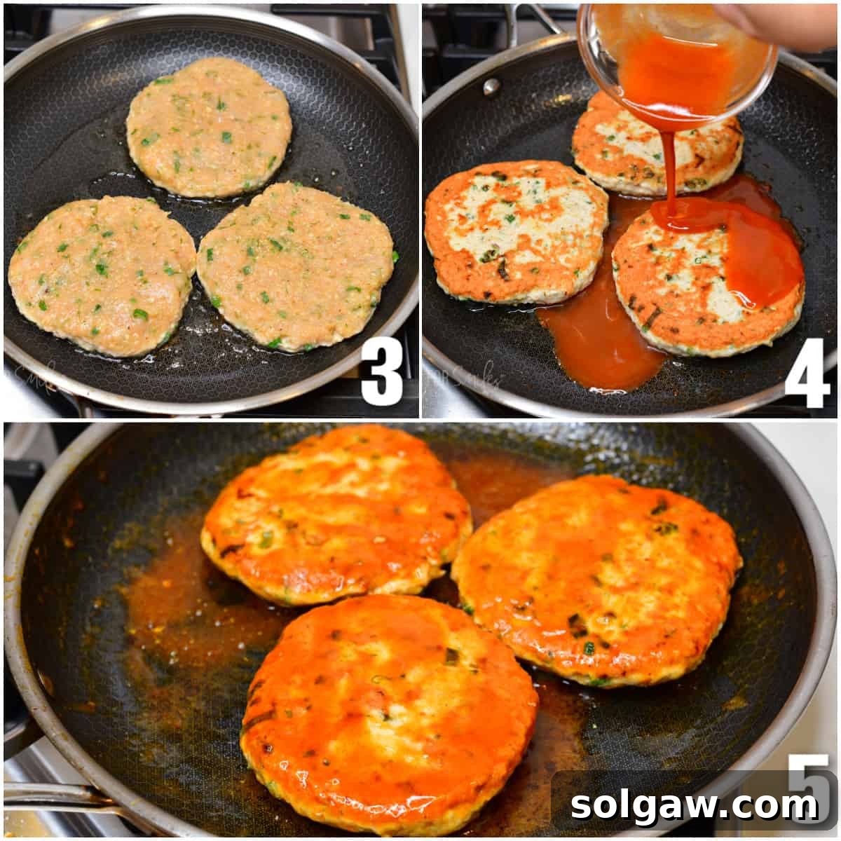 Zesty Buffalo Chicken Burger 5 A close-up of a chicken patty being cooked in buffalo sauce in a pan.