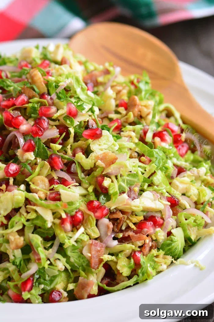 Close-up of Brussels sprouts salad in a bowl with a wooden serving spoon, highlighting the detailed textures of shaved sprouts, pomegranate seeds, and nuts, ready to be served.