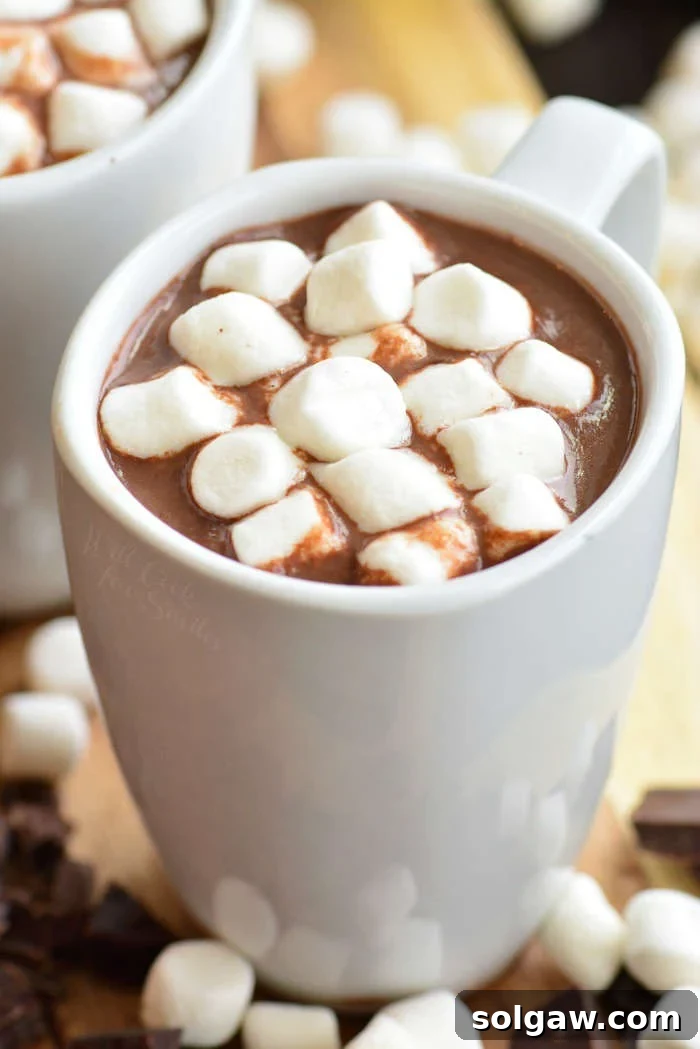 A top-down view of a mug of hot chocolate with marshmallows.