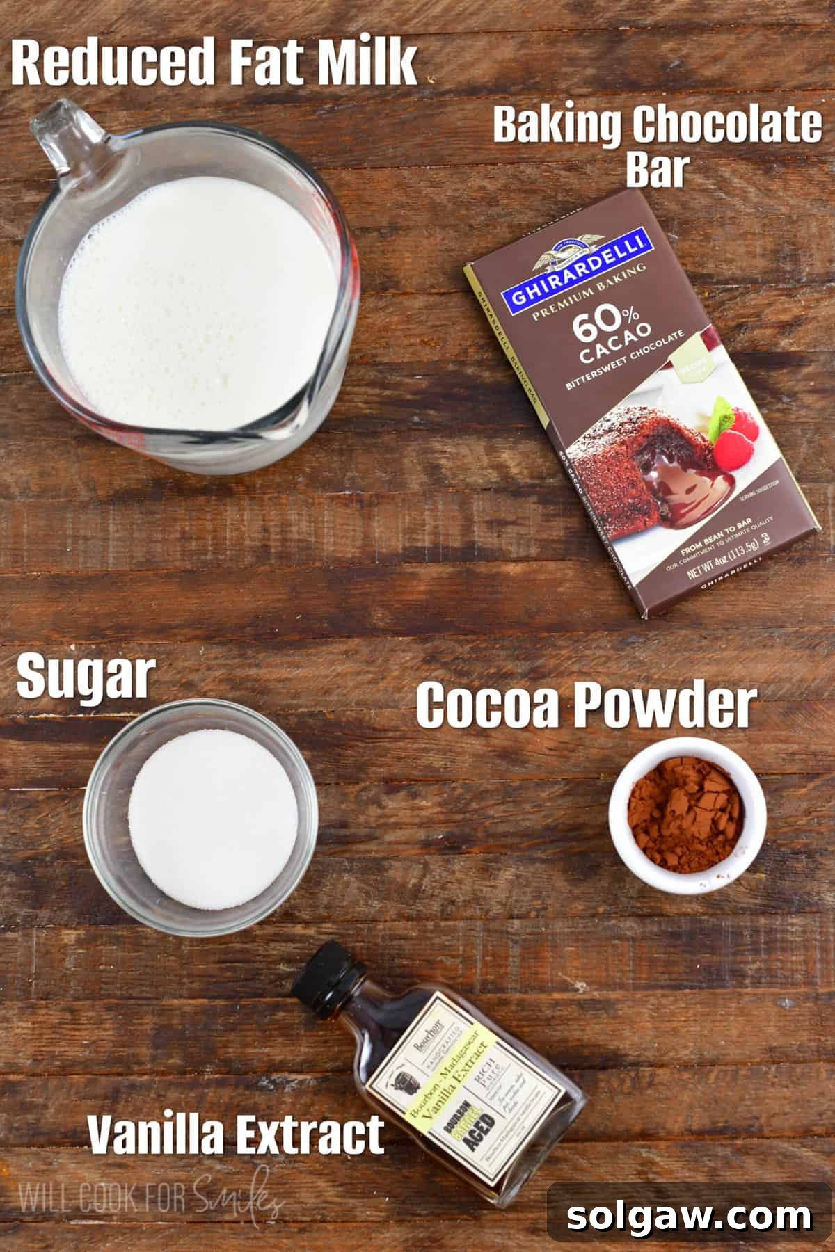 Various hot chocolate ingredients, including milk, chocolate bars, cocoa powder, sugar, and vanilla extract, are neatly arranged on a rustic wooden surface.
