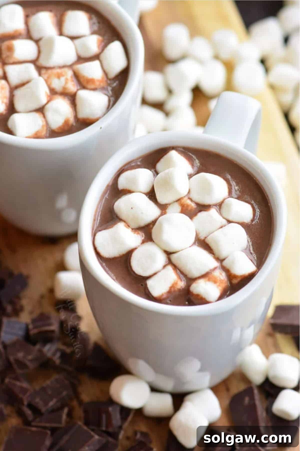 Two ornate mugs of hot chocolate, generously topped with marshmallows, with chocolate shavings and more marshmallows scattered around the base on a dark surface.