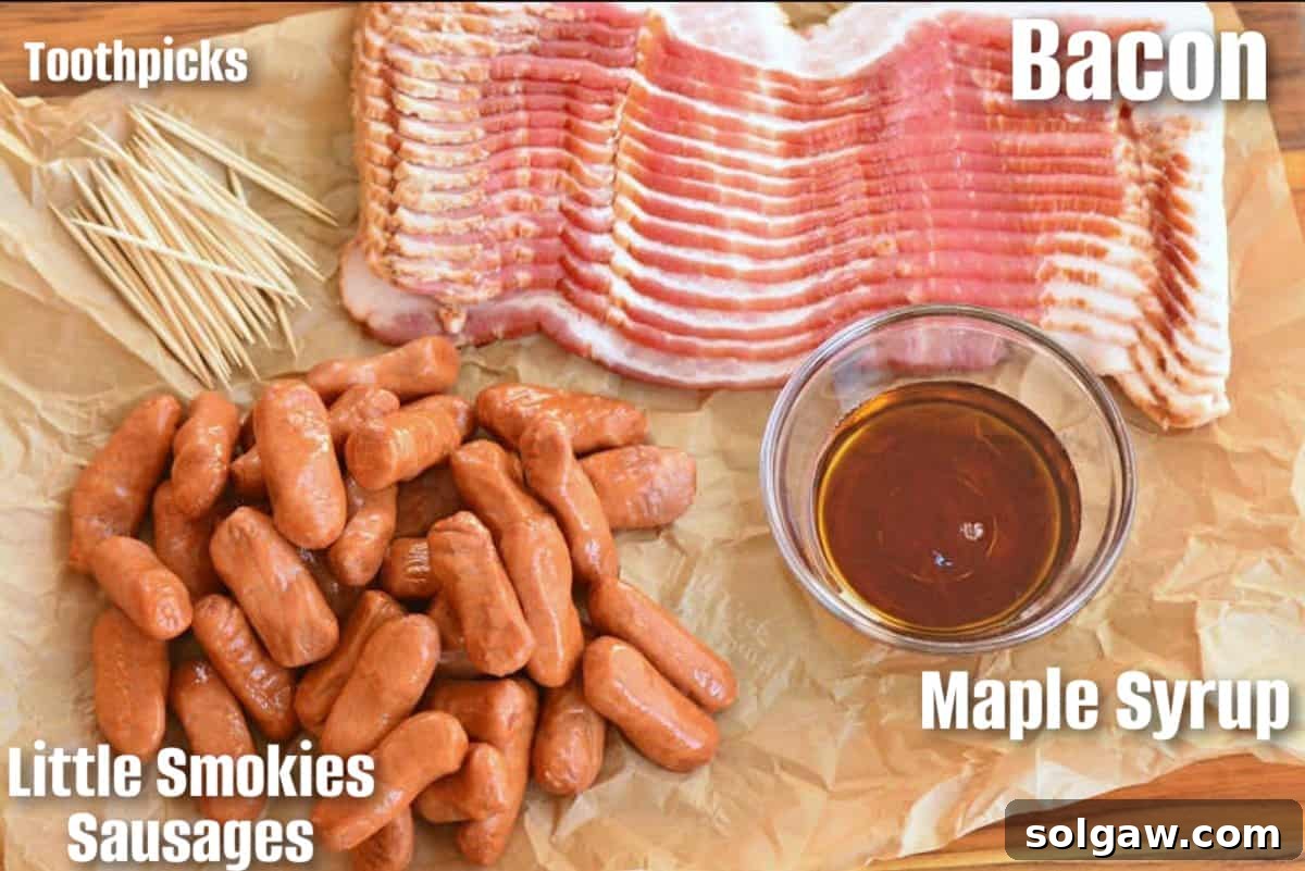 Ingredients for bacon wrapped little smokies laid out on parchment paper: a package of sausages, a package of bacon, and a small bowl of maple syrup.