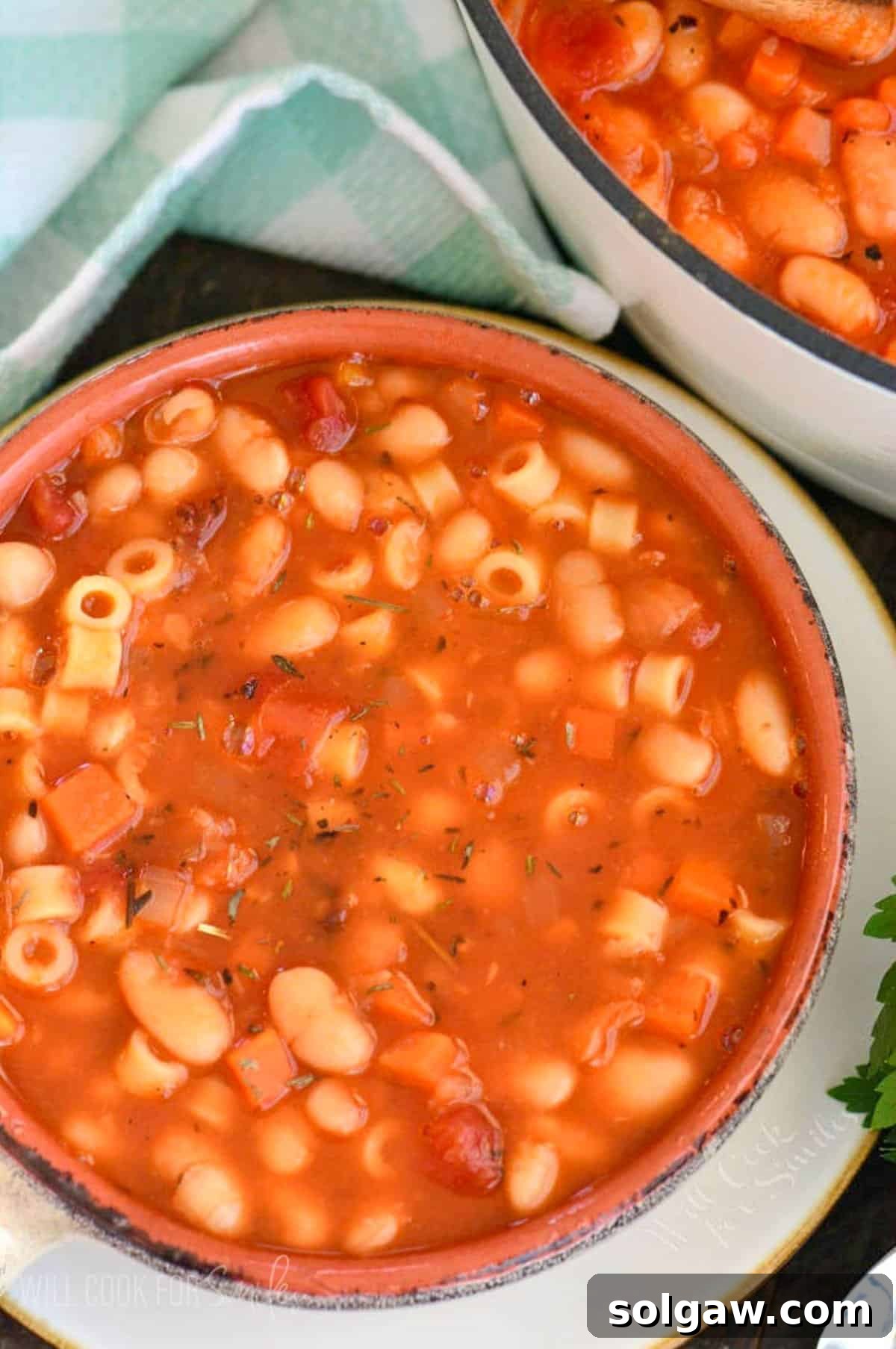 pasta e fagioli in a rustic bowl next to the pot on soup.
