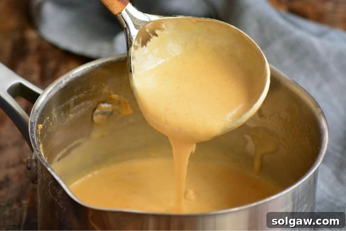 scooping some beer cheese dip from a pot with a ladle.