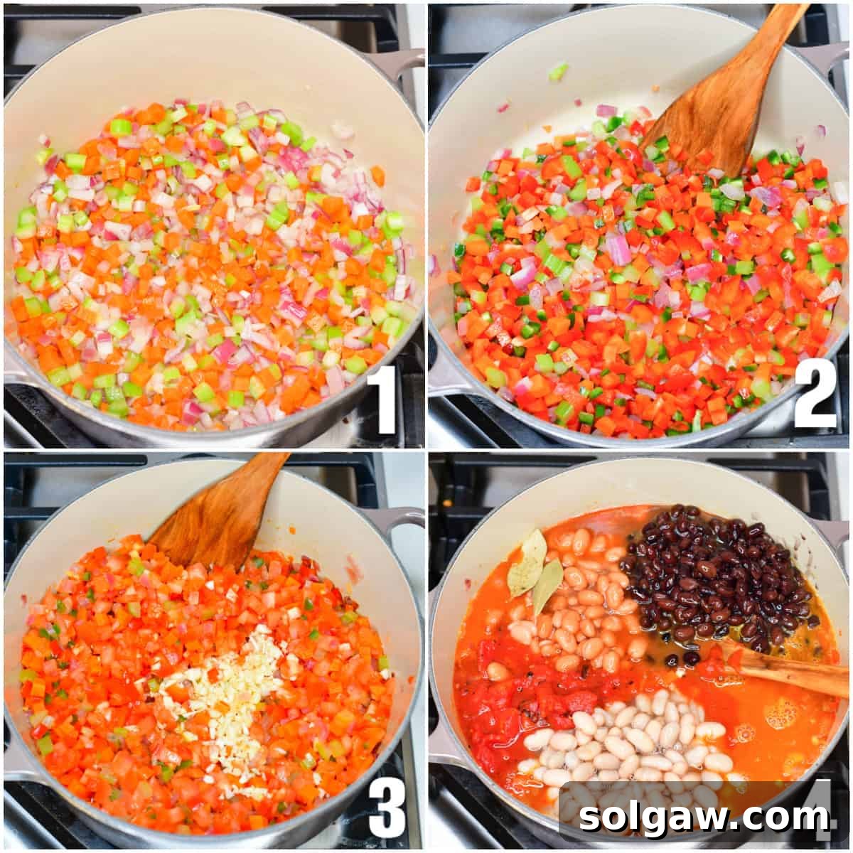 A collage of four images showing the steps of cooking vegetables and adding beans into a Dutch oven.