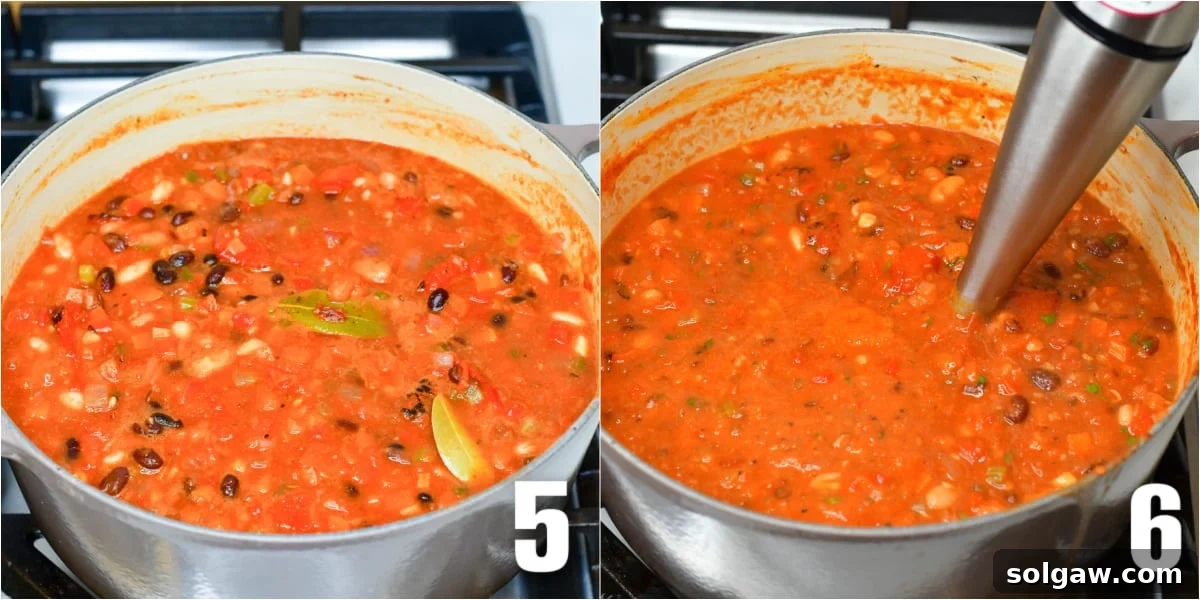 A collage of two images: vegetarian chili simmering in a pot and blending a portion of the chili with an immersion blender.