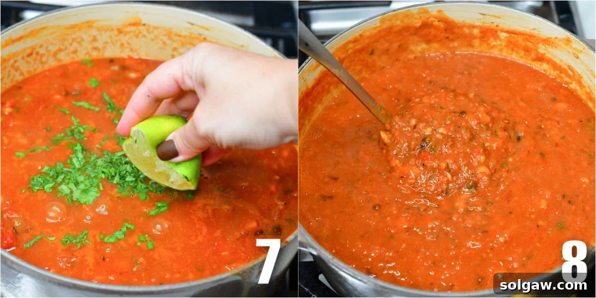 A collage of two images: adding lime to cooked vegetarian chili and mixing the chili in the pot.