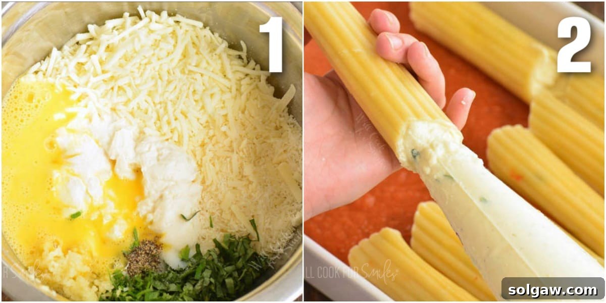 Irresistible Baked Manicotti 4 A two-part image showing the mixed cheese and herb filling in a bowl, and then the process of piping the filling into manicotti shells.