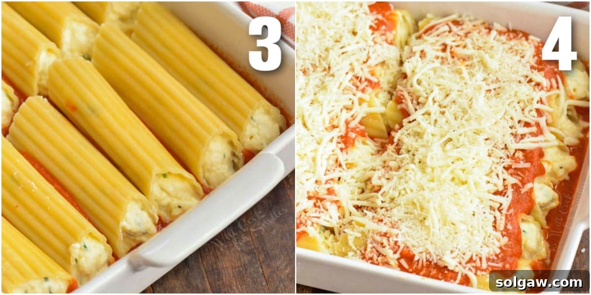 Irresistible Baked Manicotti 5 A collage of two images showing stuffed manicotti shells arranged in a baking pan, followed by the same dish generously covered with marinara sauce and a layer of cheese, ready for baking.