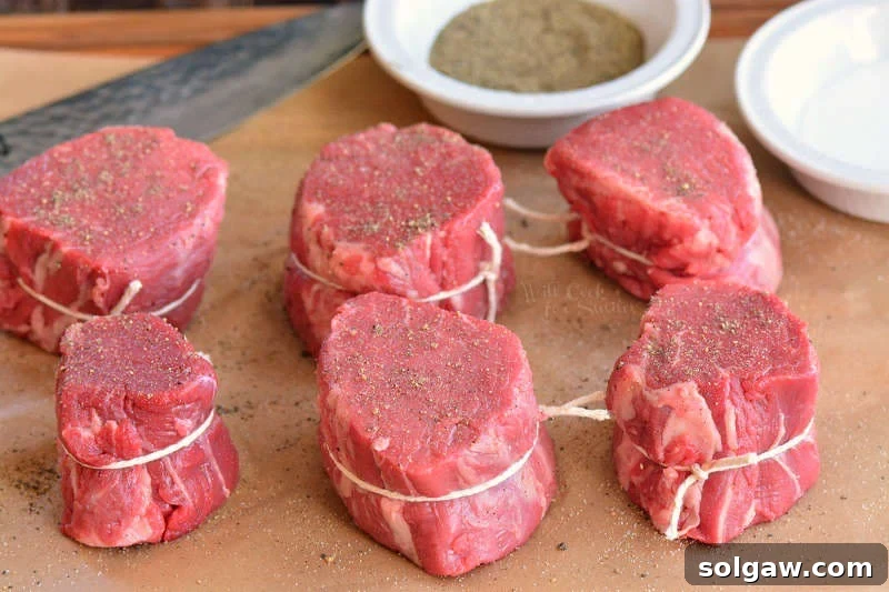 filet mignon steaks cut and tied