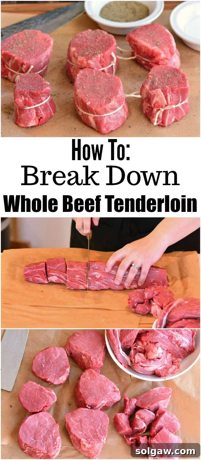 collage of breaking down tenderloin into steaks