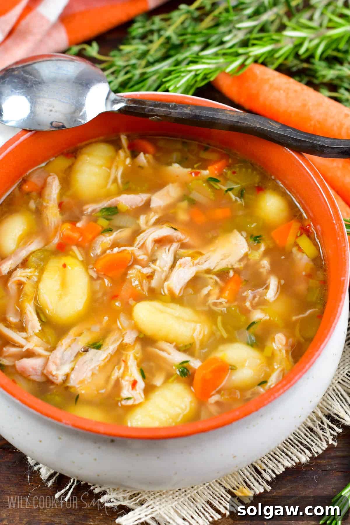 chicken gnocchi soup in a bowl with a spoon on the edge and veggies around.