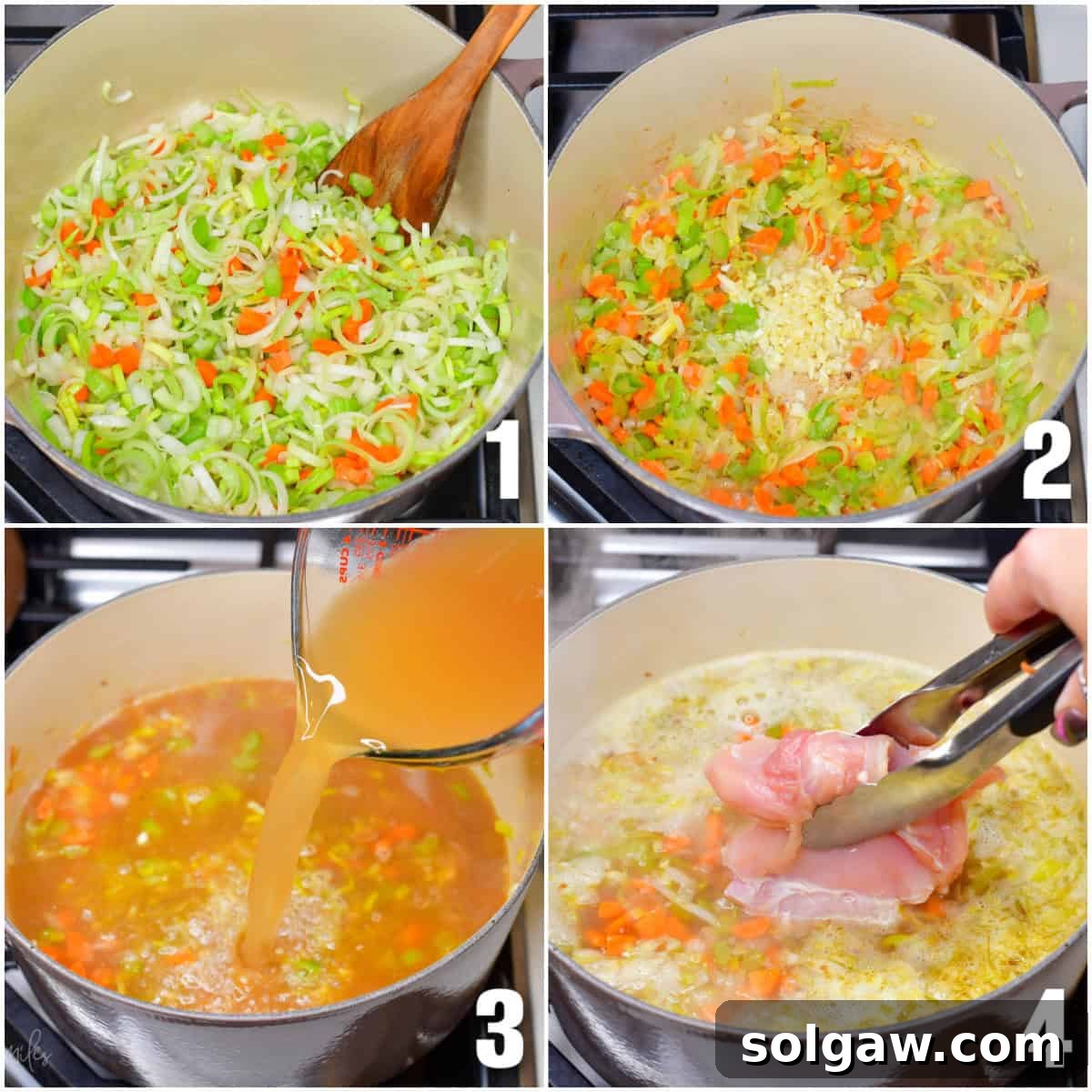 collage of four images of cookie veggies in a pot and adding broth and chicken.