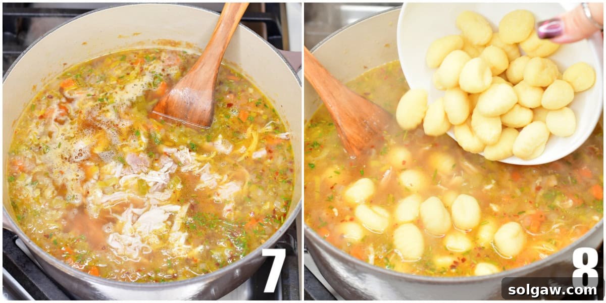 collage of two images of adding shredded chicken to the soup and adding gnocchi.