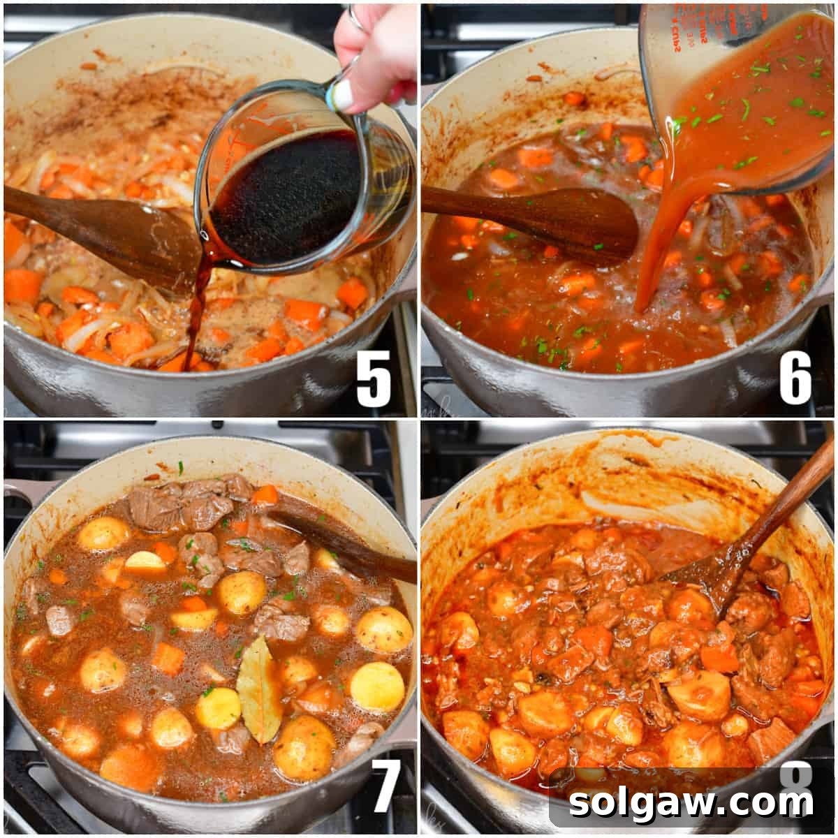 collage of four images adding, beer to the pot, adding stock, stirring and cooking the stew.
